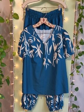 Women's 2 Piece Set Aqua Blue Floral Balloon Sleeve Lounge Top & Pants XL